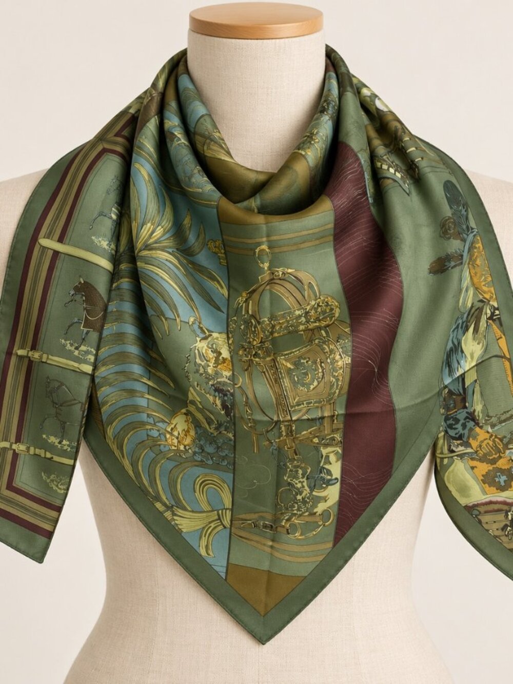 Vintage Equestrian Print Square Scarf Olive Green Burgundy Satin Feel